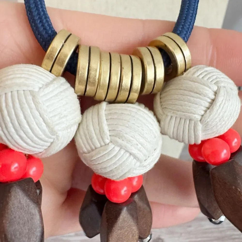 J Crew Nautical boho Rope Ball Wooden Bead Long Necklace Blue Orange Gold 30
